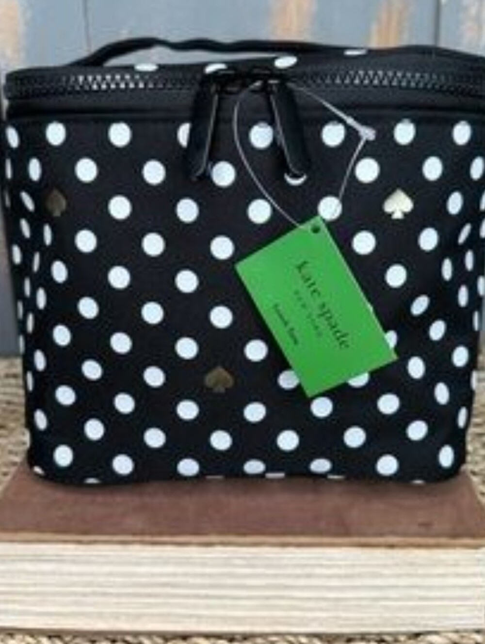 kate spade Black and White Polka Dot Lunch Case with Black Hardware